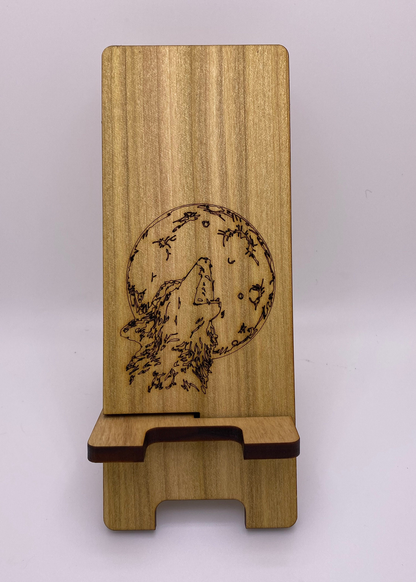 Wooden Cell Phone Holder - Wolf Moon